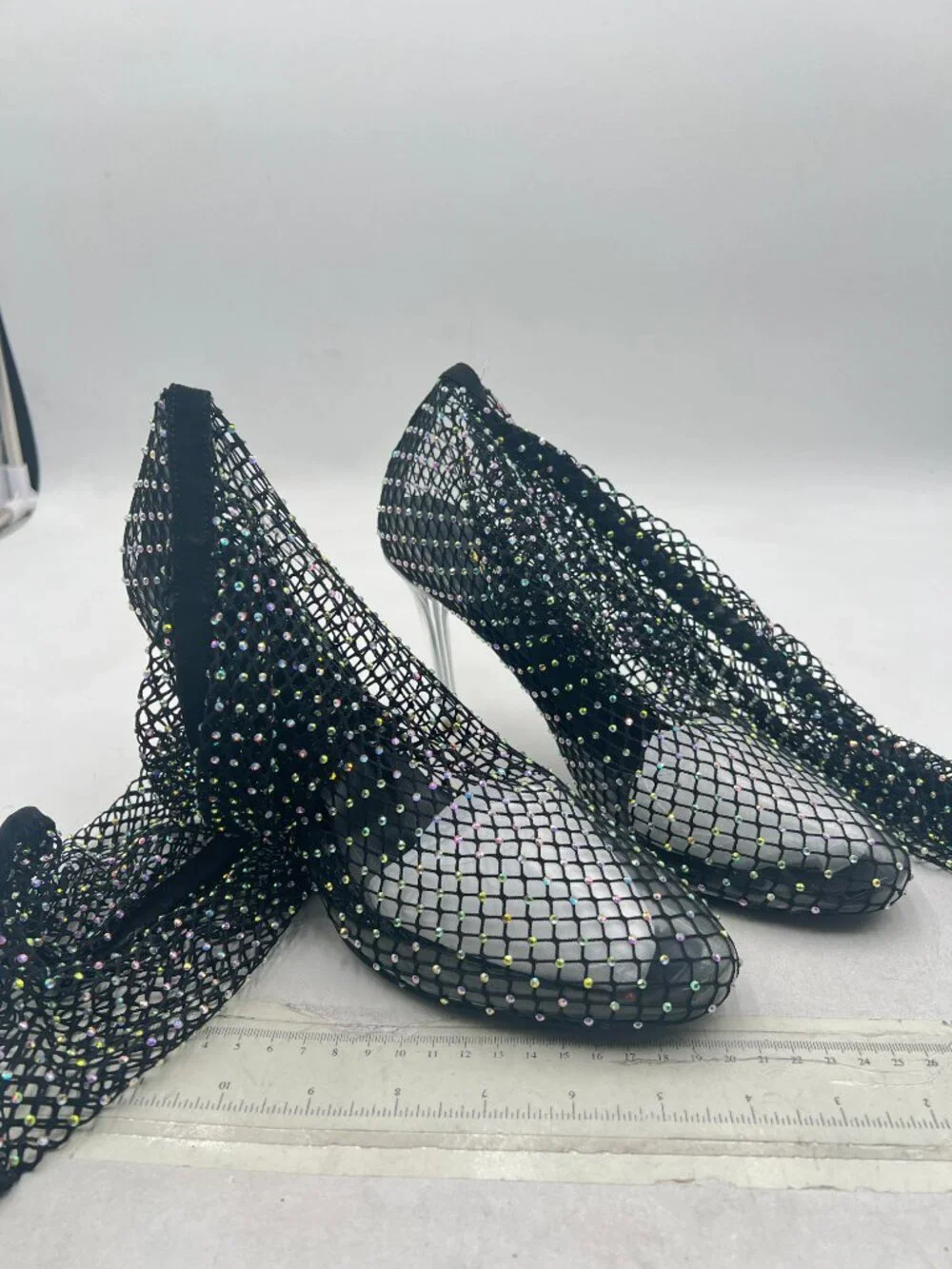 Black Mesh Pointed Toe Stiletto Heel Sexy Rhinestone Thigh-High Boots